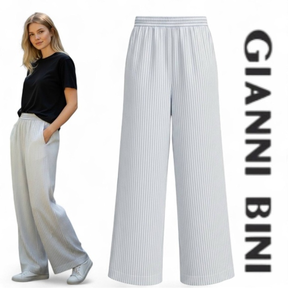 Gianni Bini Pants Women Blue Stripe Lightweight Cotton Size 10 Wide Leg NWT